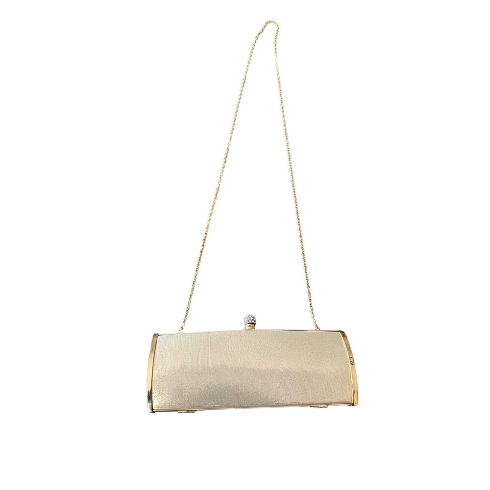 Gold Metallic Hard Case Clutch Purse Rhinestone Embellished‎ Clasp Chain Strap